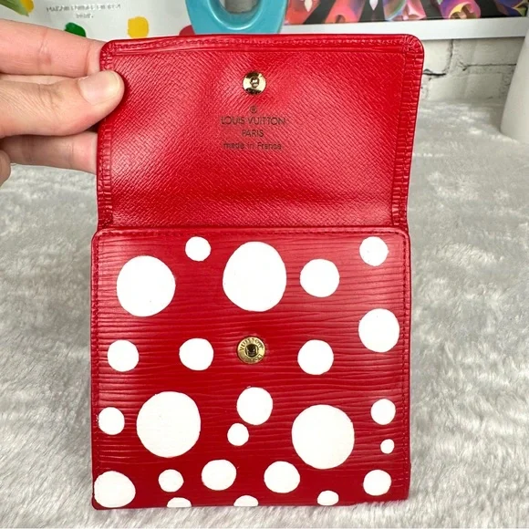 💯Louis Vuitton Red Epi Leather Trifold Wallet custom painted X Kusama dots 🔴⚪️ - Picture 9 of 15